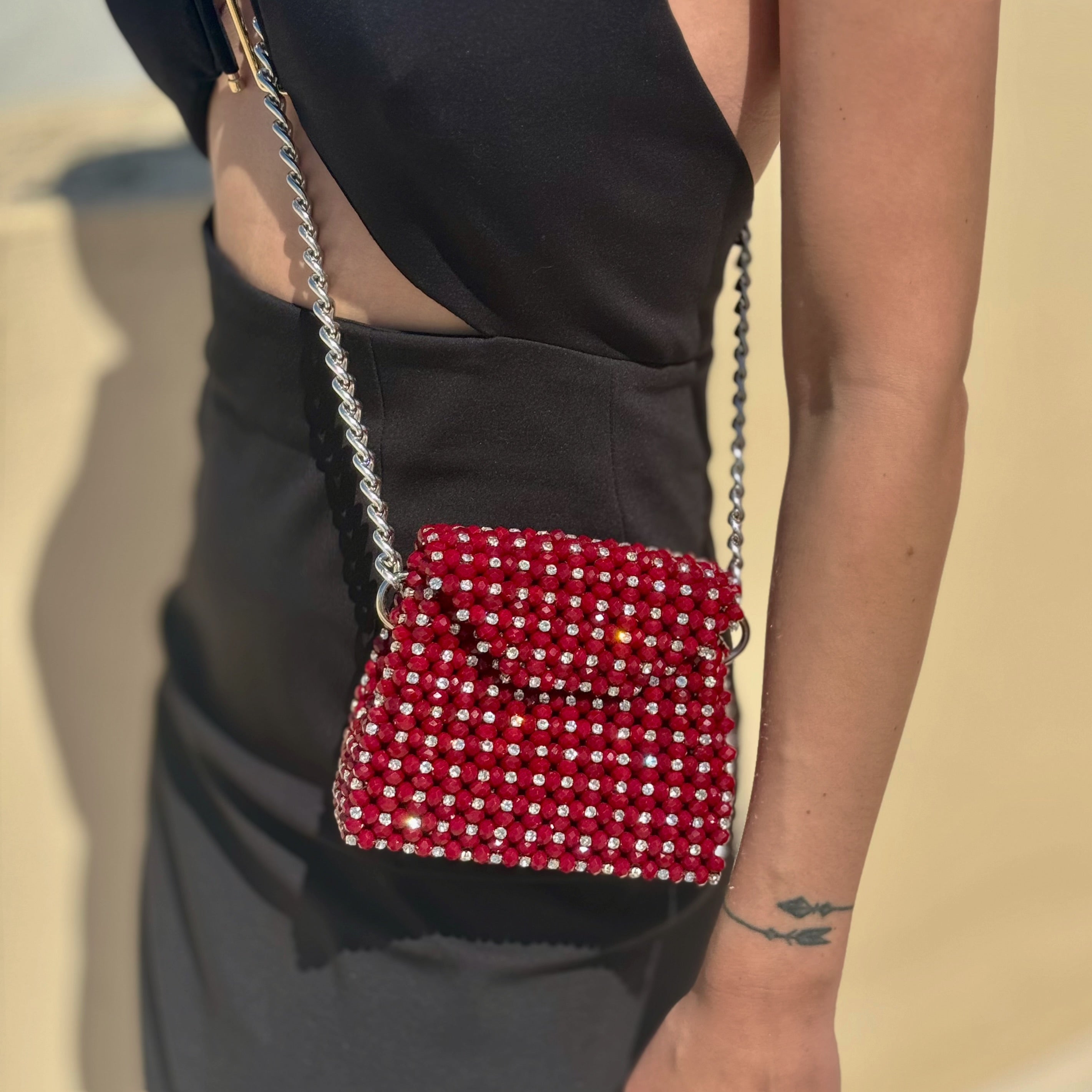 Mini Aurora crossbody bag in burgundy with silver rhinestone crystals and silver chain, handcrafted by ZOEL.