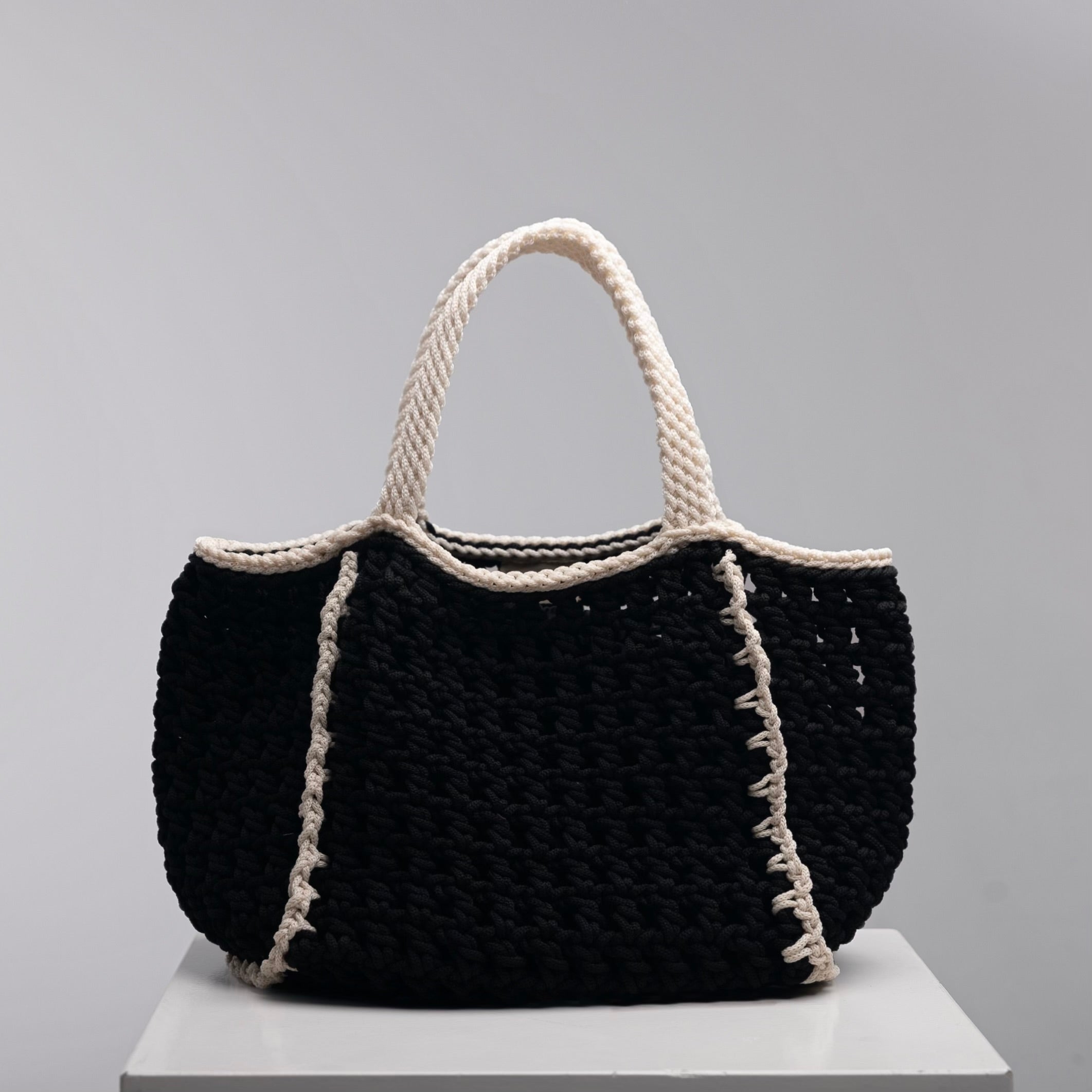 Handmade Maxi Amalfi beach bag by ZOEL, black with ecru handles, luxury crochet summer bag