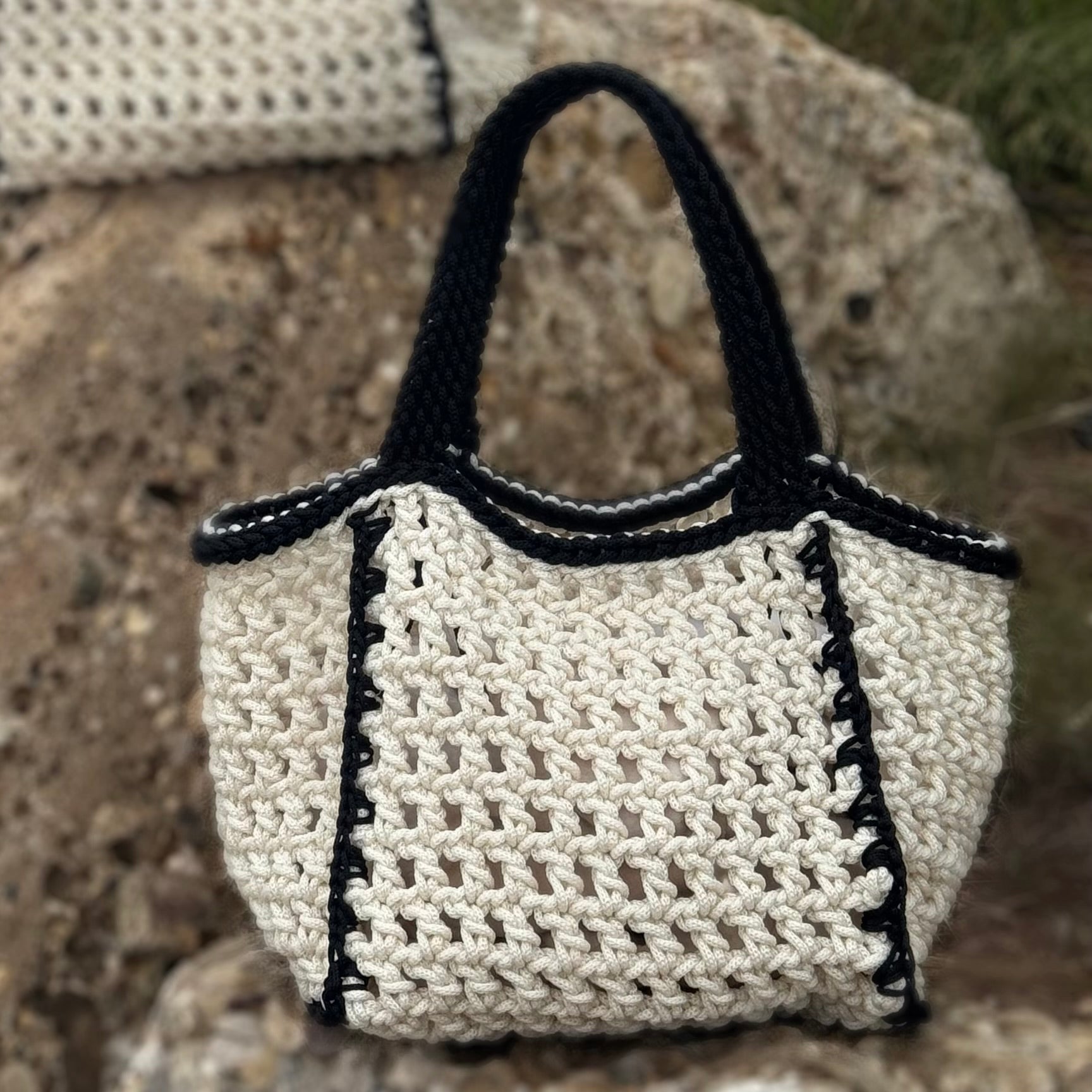 Handmade ecru Amalfi beach bag by ZOEL with black handles, luxury crochet summer bag