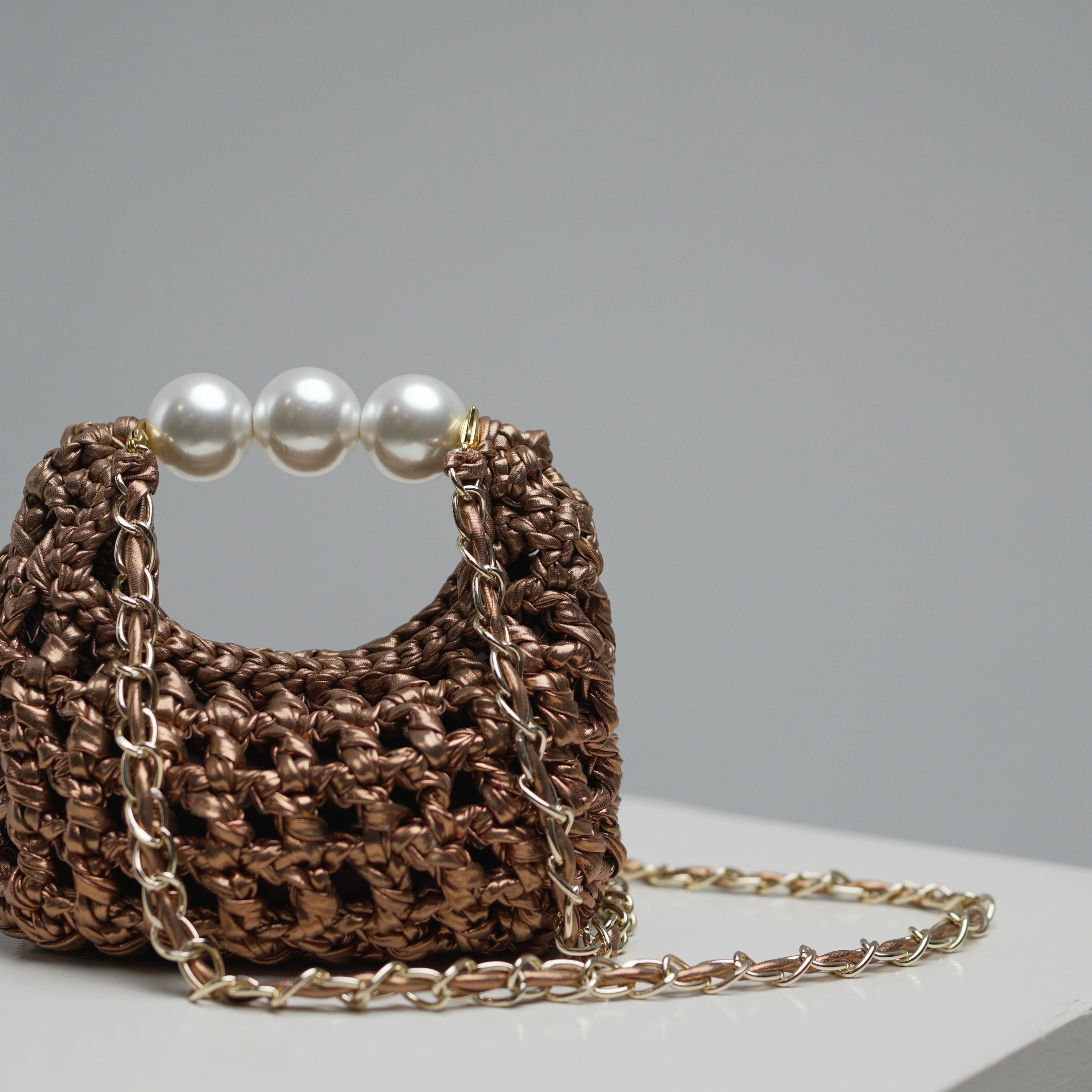 Handmade crochet mini bag Luna by ZOEL, elegant bronze luxury bag, Pearl handle, crossbody chain