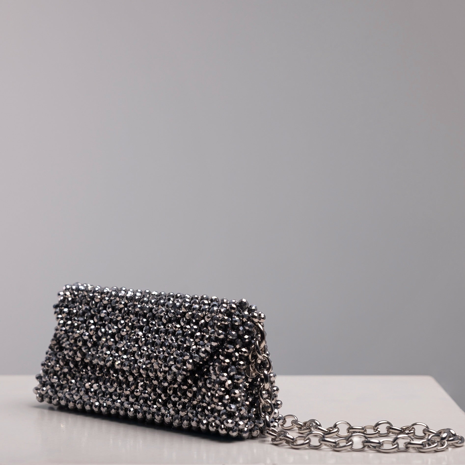 Crystal Baguette shoulder bag in silver with matching silver chain, handmade by ZOEL.