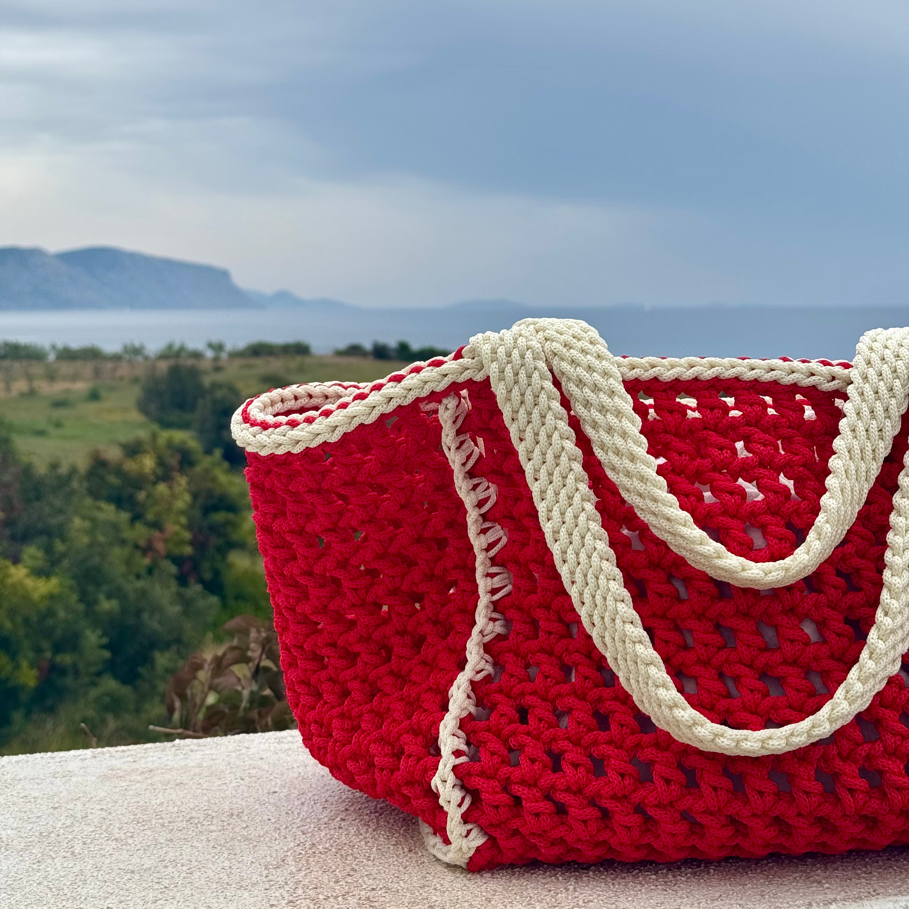 Handmade red Amalfi beach bag by ZOEL with ecru handles, luxury crochet summer bag
