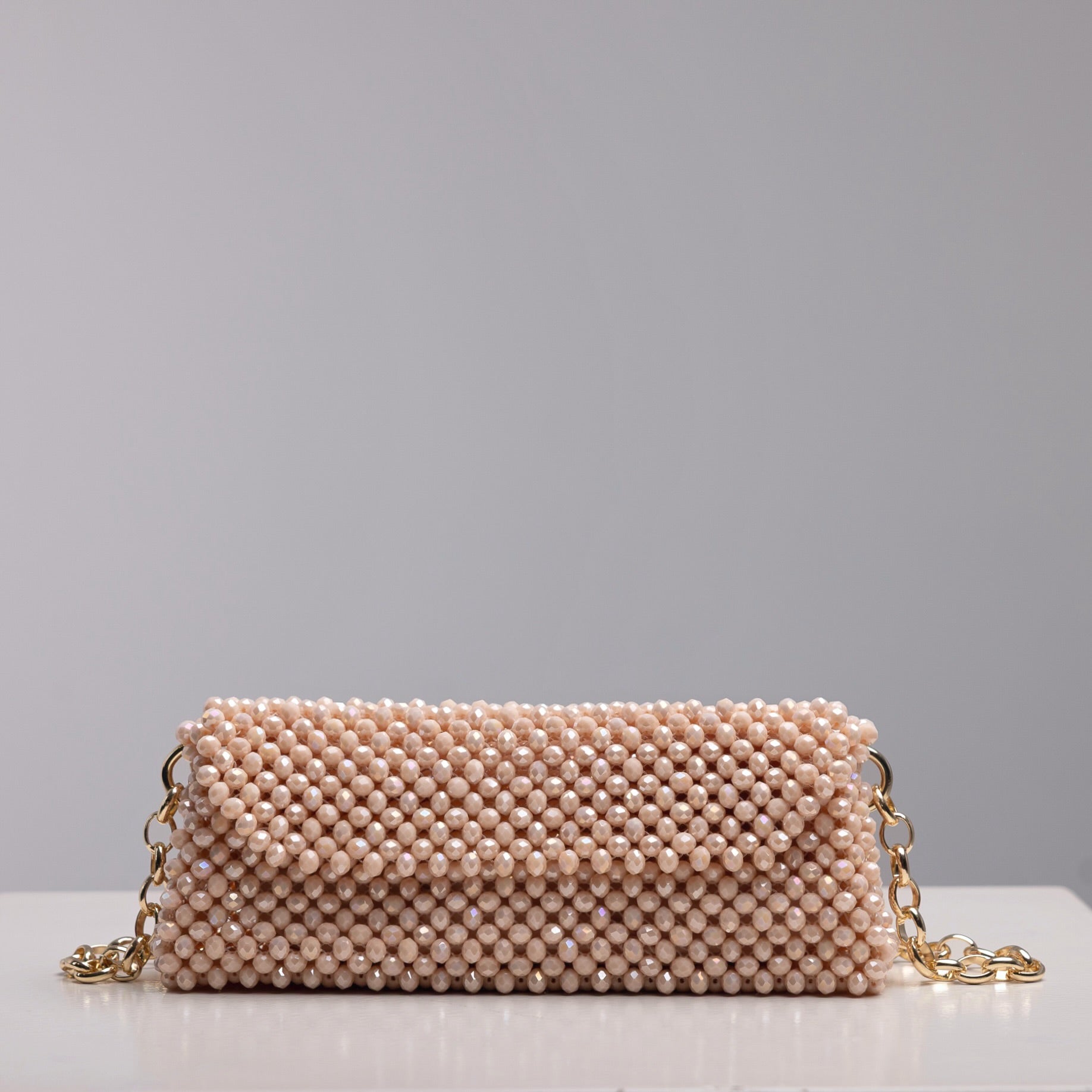 Beige Nude Crystal Baguette shoulder bag with gold chain, elegant handmade piece by ZOEL.