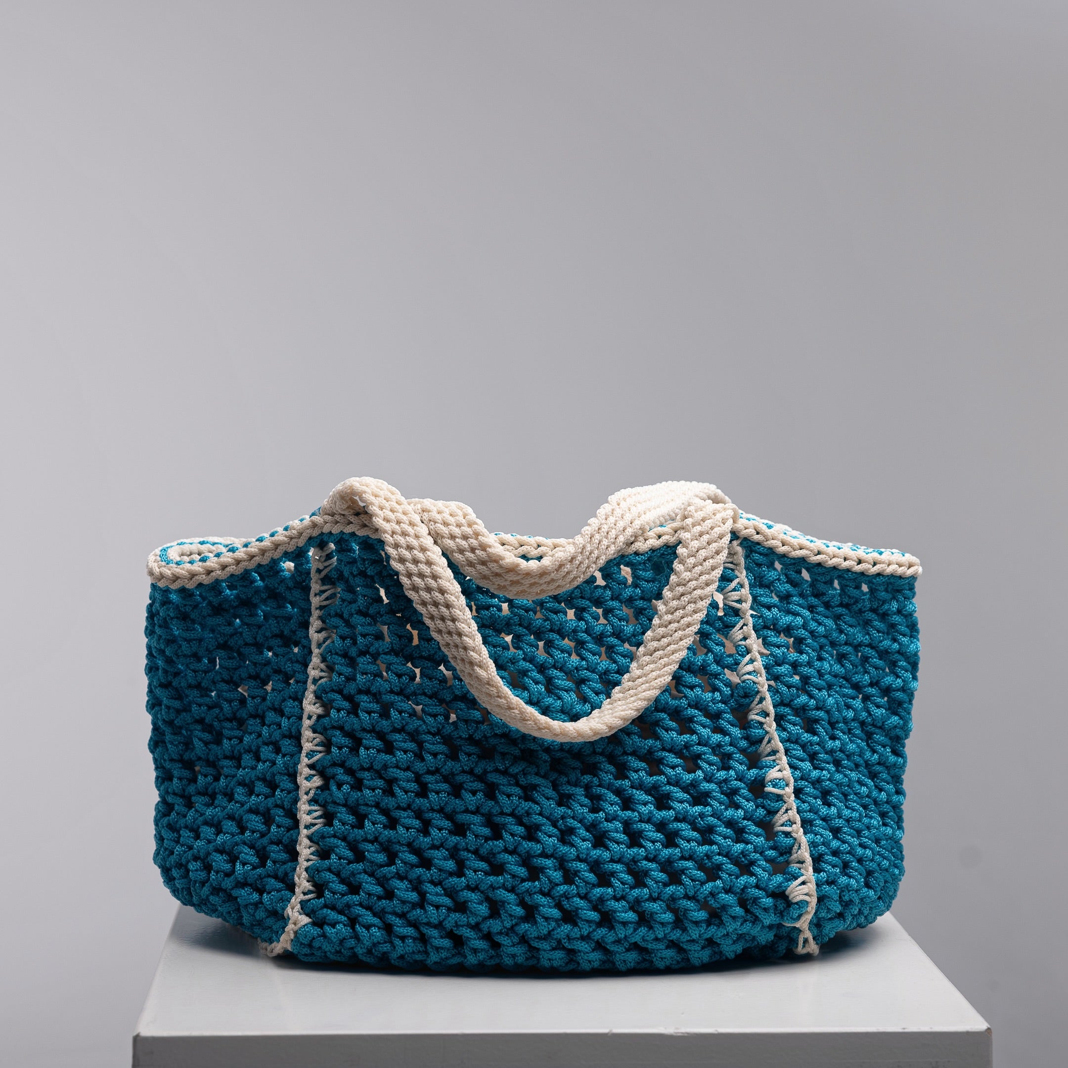 Handmade Maxi Amalfi beach bag by ZOEL, turquoise with ecru handles, luxury crochet summer bag
