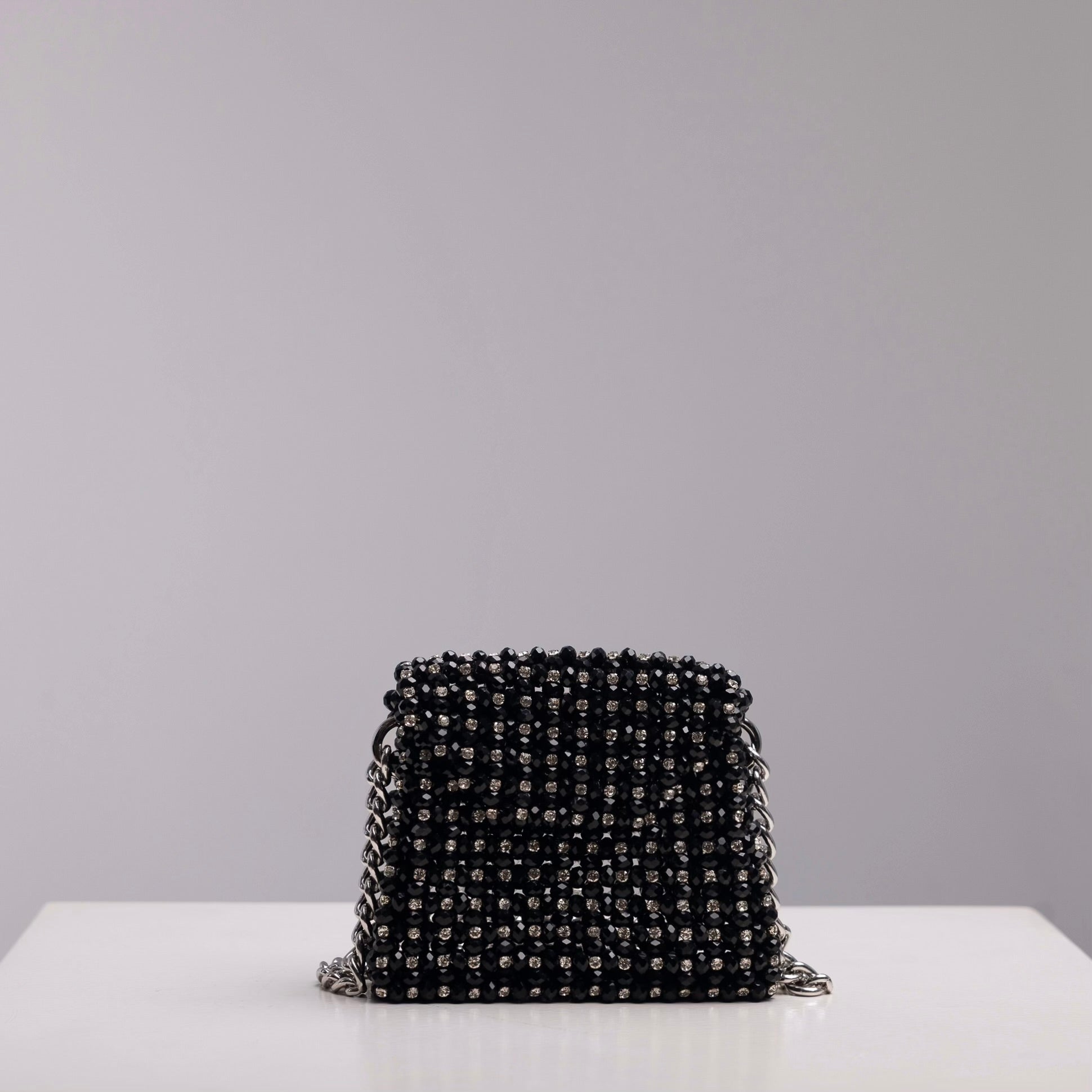Mini Aurora crossbody bag in black with silver rhinestones and silver chain, handmade by ZOEL