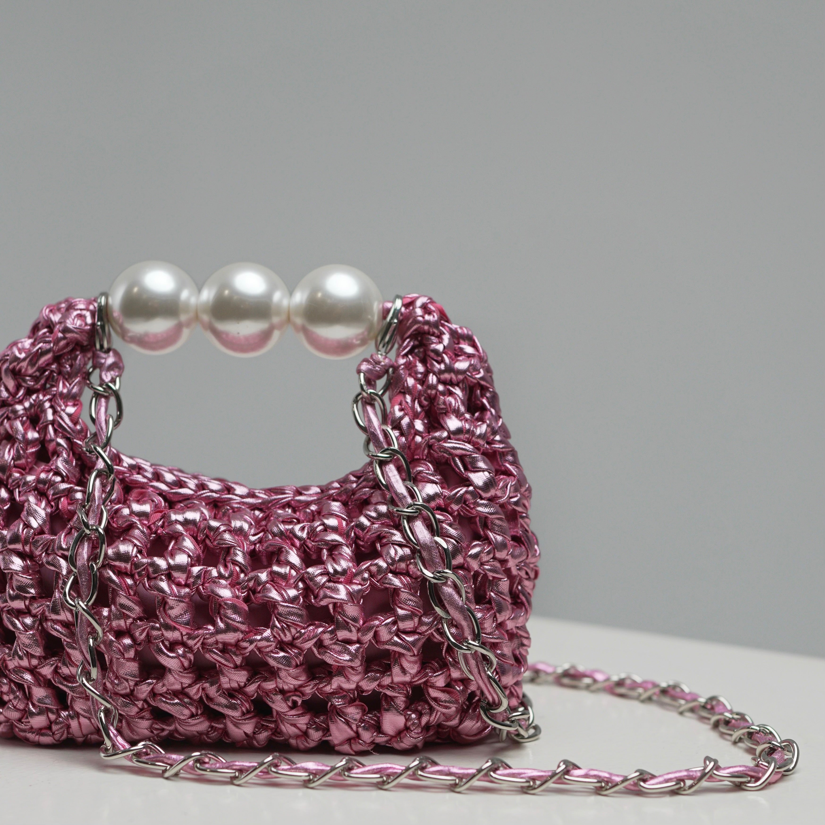 Handmade mini pink Luna by ZOEL, silver crossbody chain