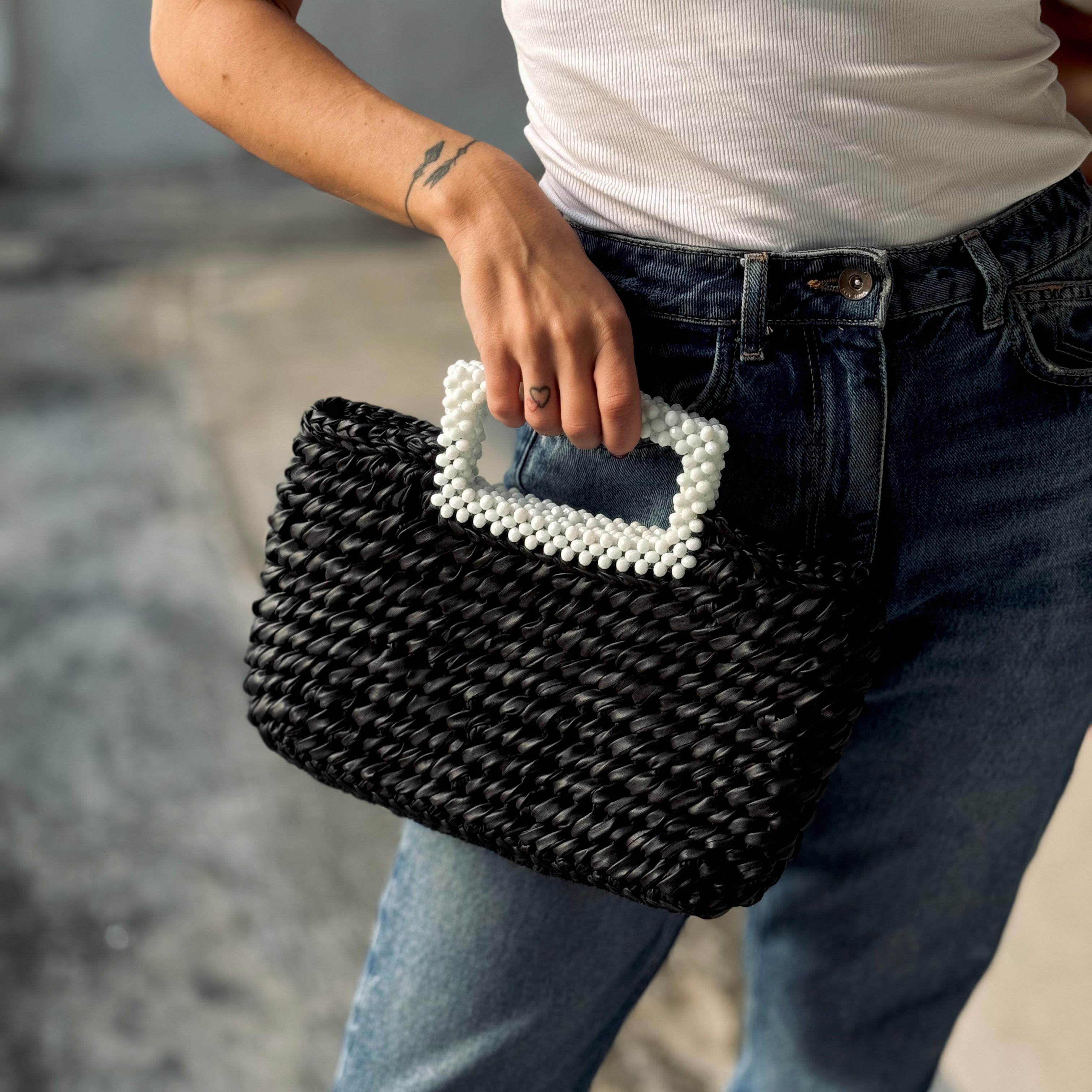 Leather Effect Crystal Handle Tote