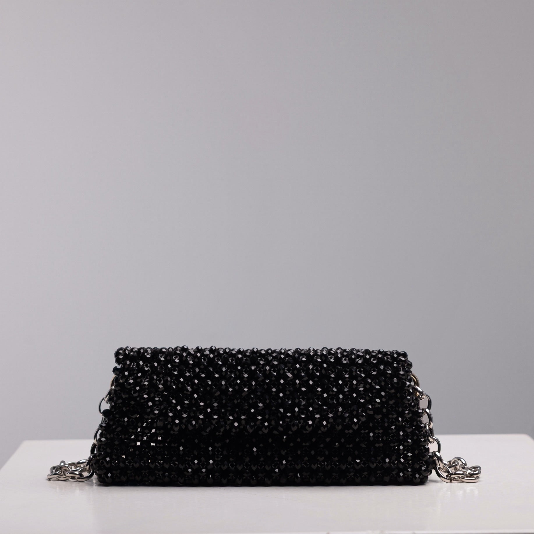 Black Crystal Baguette shoulder bag with silver chain, handmade crystal accessory by ZOEL.