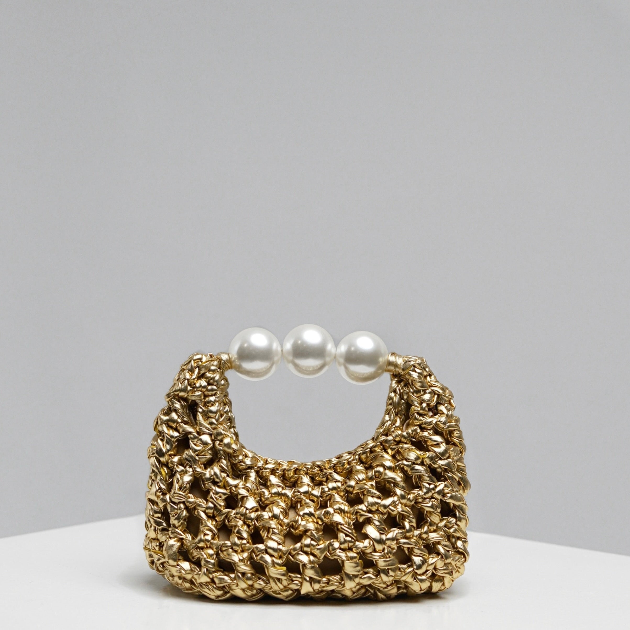 Handmade crochet mini bag Luna by ZOEL, elegant gold luxury bag, Pearl handle