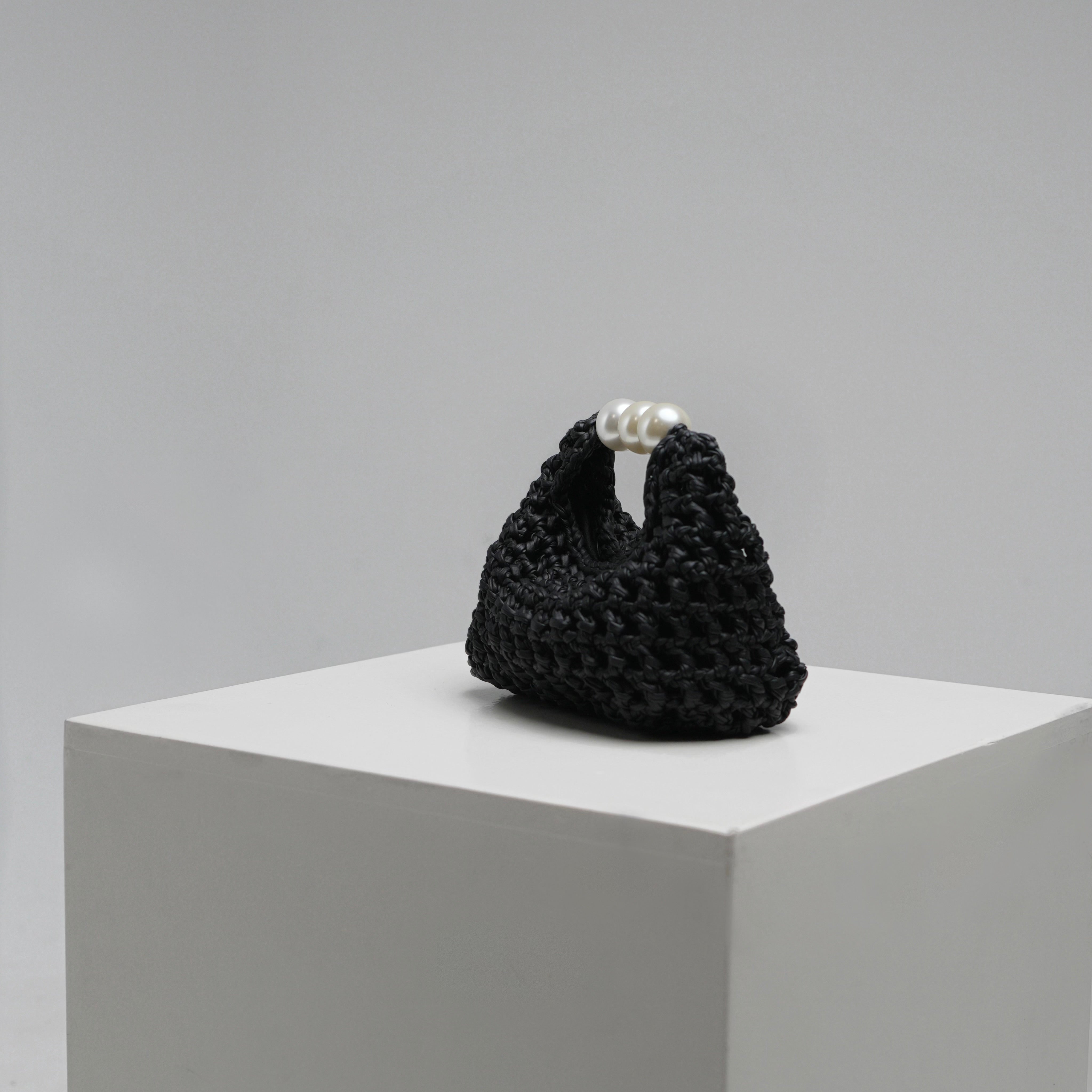 Luna medium handmade bag by ZOEL, black leather effect with pearl handle, luxury evening bag