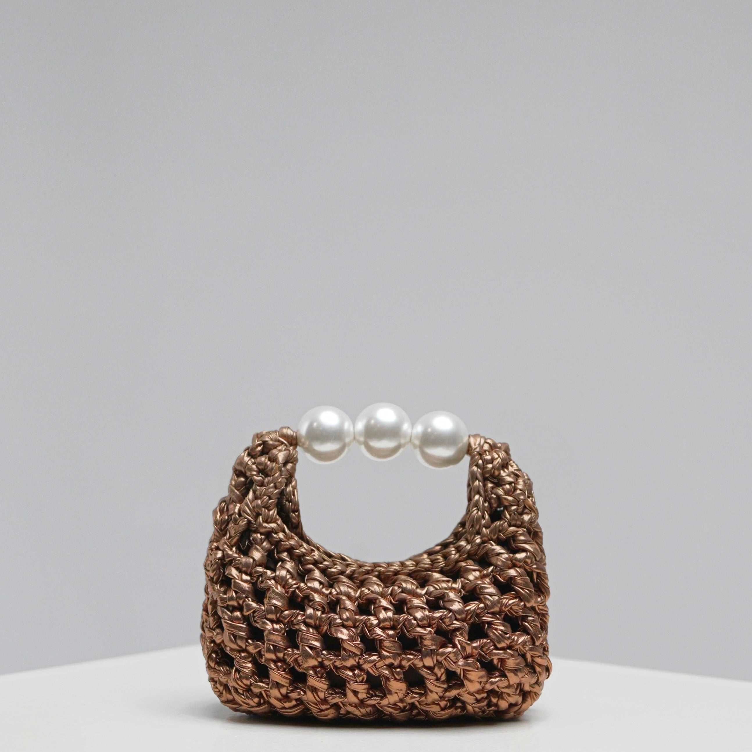 Handmade crochet mini bag Luna by ZOEL, elegant bronze luxury bag, Pearl handle