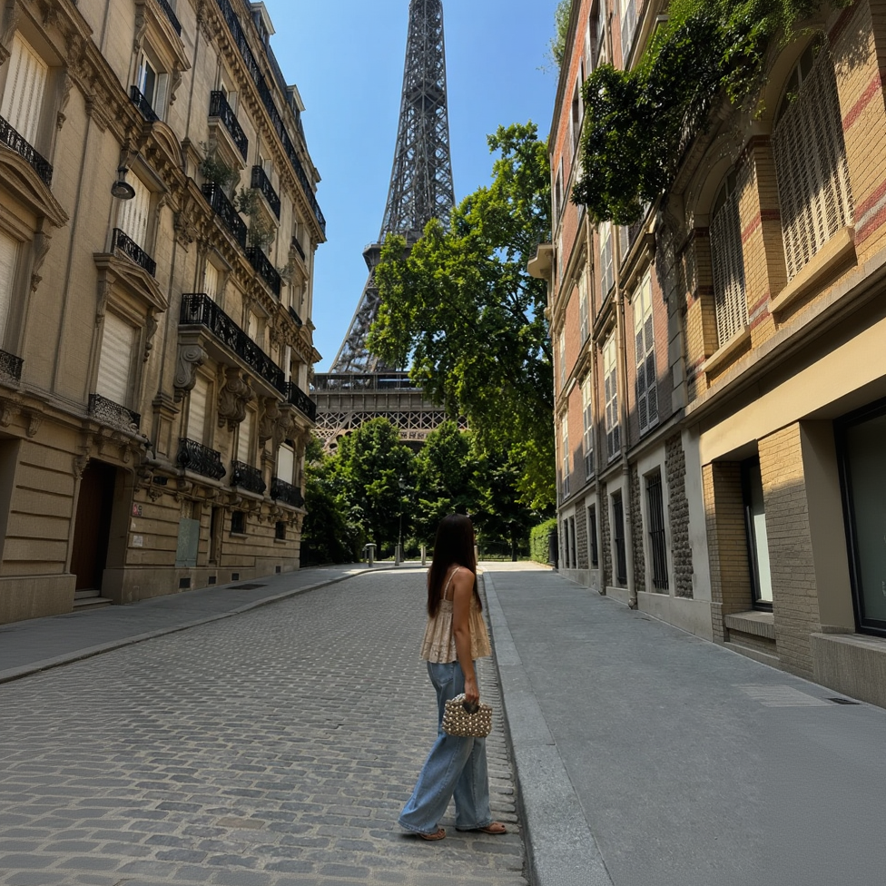 A woman stands on a cobblestone street in Paris, looking toward the Eiffel Tower in the distance between historic buildings. She Is carrying the kimonos pearl bag by ZOEL.