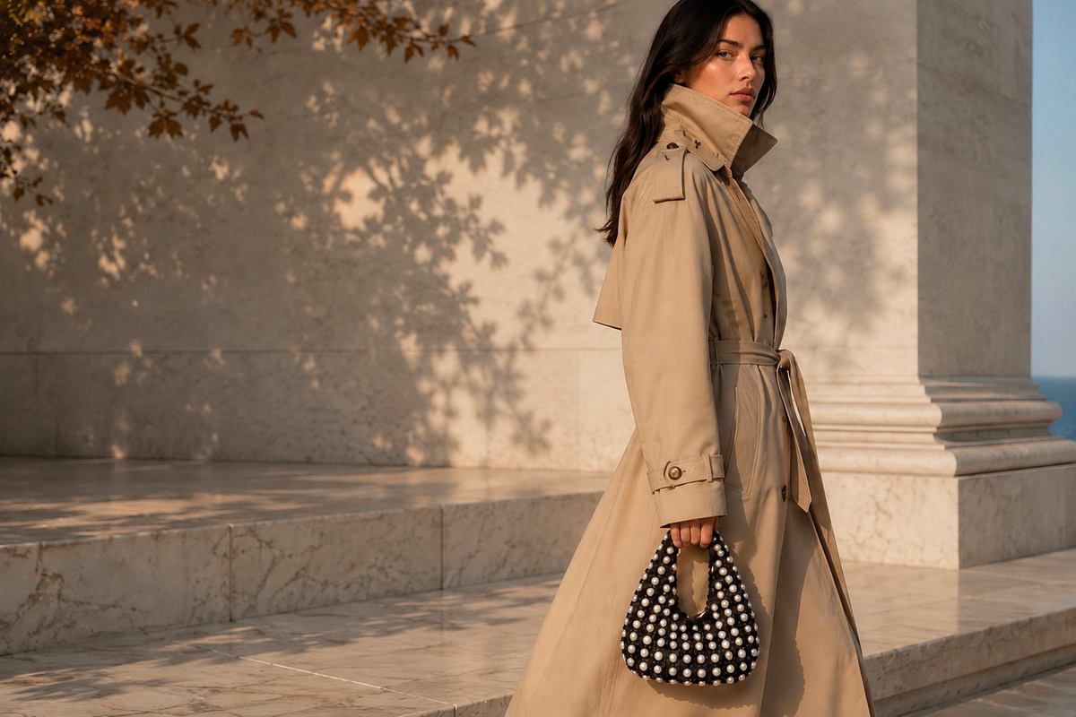 A woman wearing a classic beige trench coat stands outdoors in warm sunlight, holding a black leather effect with white pearls bag by ZOEL.